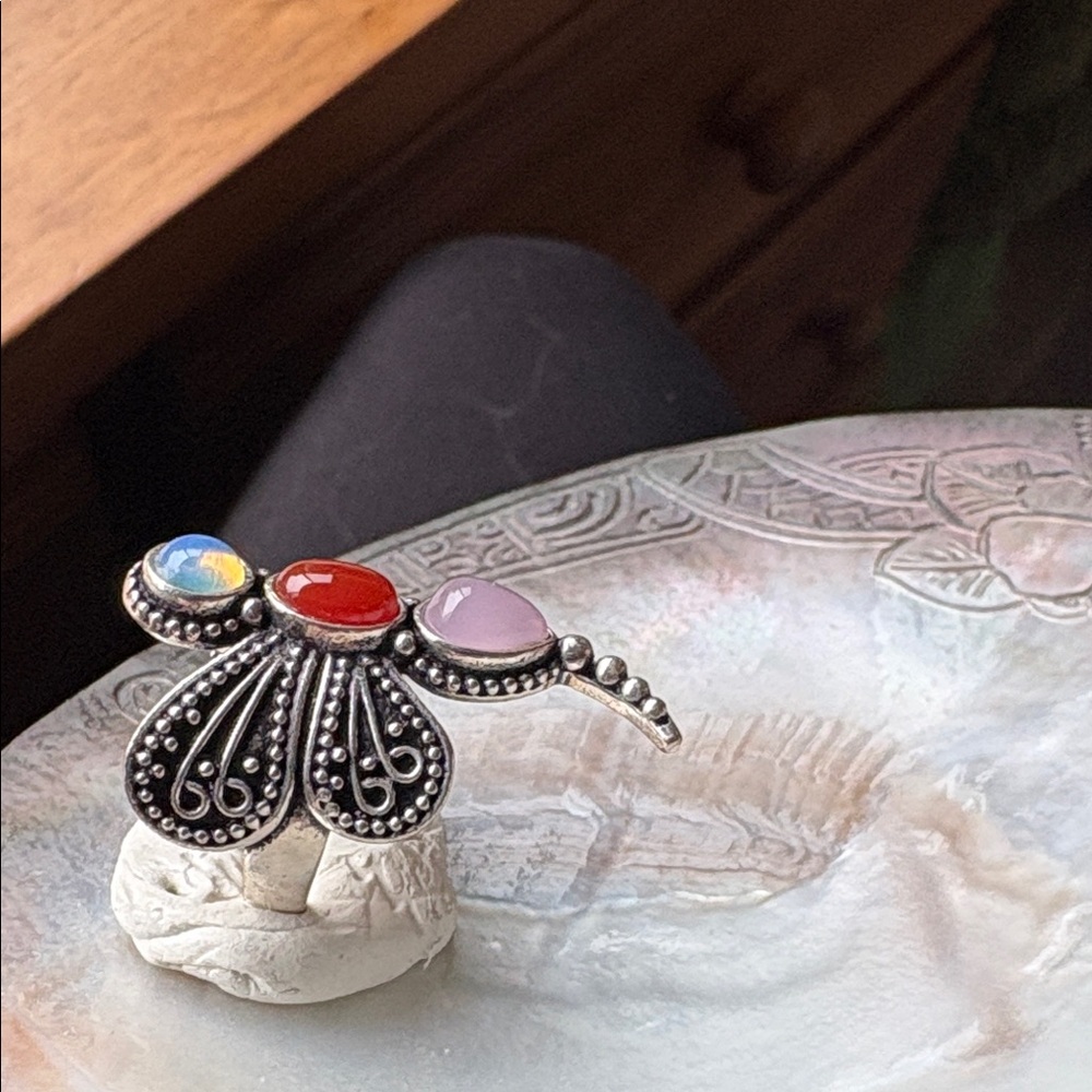 925 Solid Silver Dragonfly Ring With Moonstone, C… - image 3